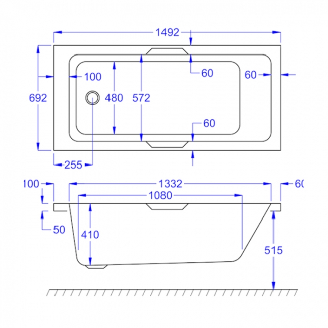 Prestige Luxe Gripped Rectangular Bath 1500mm x 700mm Single Ended