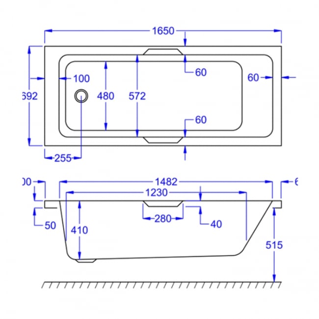 Prestige Luxe Gripped Rectangular Bath 1650mm x 700mm Single Ended