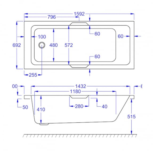 Prestige Luxe Gripped Rectangular Bath 1600mm x 700mm Single Ended