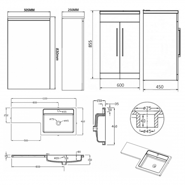 Prestige Matrix Right Handed 2 Door Combination Unit with L Shape Basin 1100mm Wide - Silver Oak