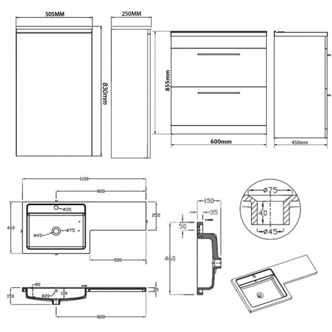 Prestige Matrix Right Handed 2 Drawer Combination Unit with L Shape Basin 1100mm Wide - Silver Oak