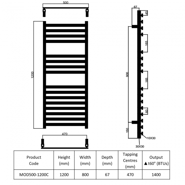 Prestige Mode Designer Heated Towel Rail 1200mm H x 600mm W - Chrome