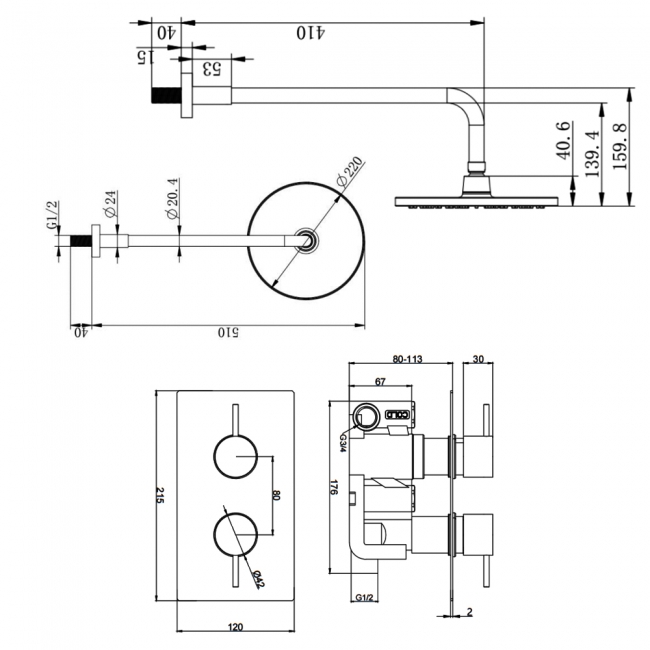 Prestige Nero Round Option 2 Thermostatic Concealed Shower Valve with Fixed Shower Head and Arm - Matt Black