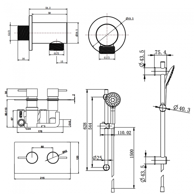 Prestige Nero Round Option 3 Thermostatic Concealed Shower Valve with Adjustable Slide Rail Kit - Matt Black