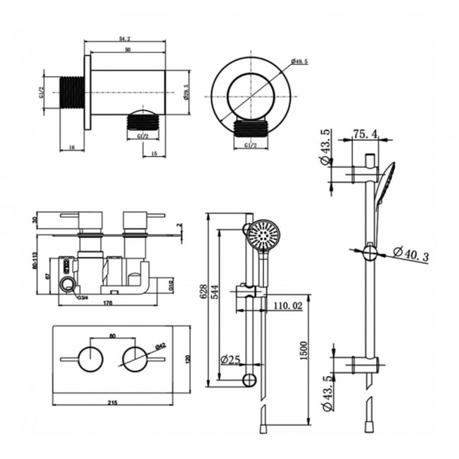 Prestige Nero Round Option 3 Thermostatic Concealed Shower Valve with Adjustable Slide Rail Kit - Matt Black