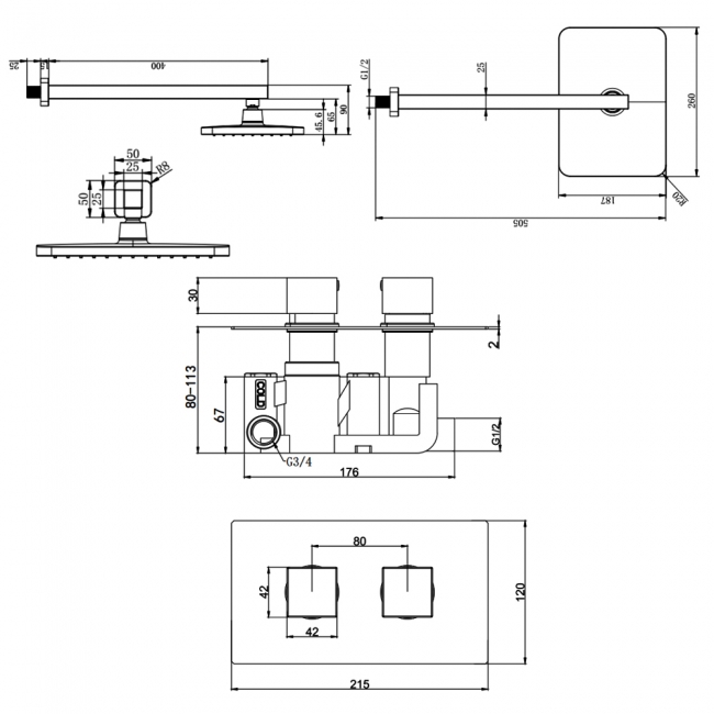 Prestige Nero Square Option 2 Thermostatic Concealed Shower Valve with Fixed Shower Head and Arm - Matt Black