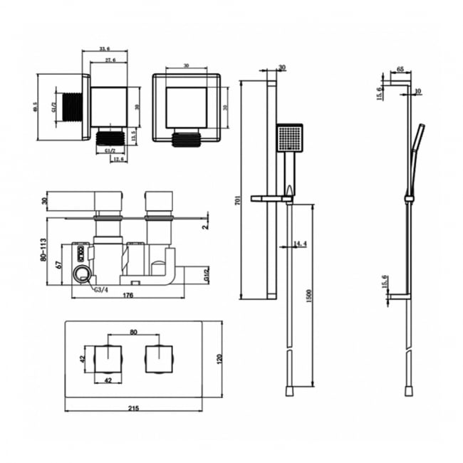 Prestige Nero Sqaure Option 3 Thermostatic Concealed Shower Valve with Adjustable Slide Rail Kit - Matt Black