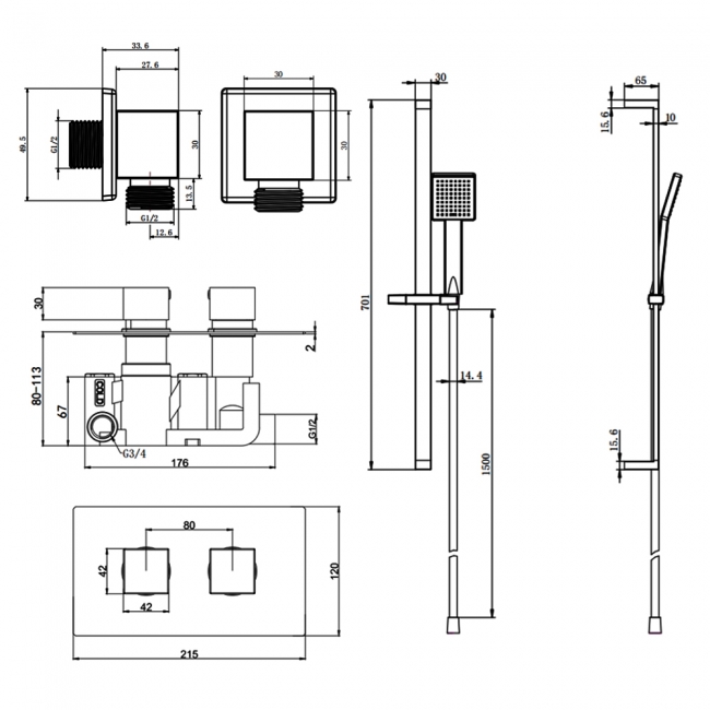 Prestige Nero Sqaure Option 3 Thermostatic Concealed Shower Valve with Adjustable Slide Rail Kit - Matt Black