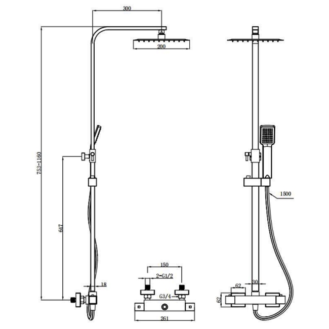 Prestige Nero Thermostatic Square Bar Shower Valve with Shower Kit and Fixed Head - Black