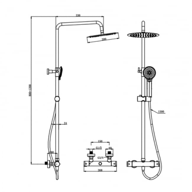 Prestige Nero Thermostatic Round Bar Shower Valve with Shower Kit and Fixed Head - Black