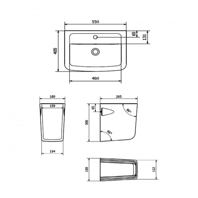 Prestige Options 600 Basin with Square Semi Pedestal 550mm Wide 1 Tap Hole