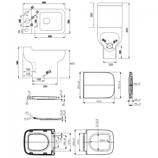 Prestige Options 600 Open Back Close Coupled Rimless Toilet with Push Button Cistern - Soft Close Seat