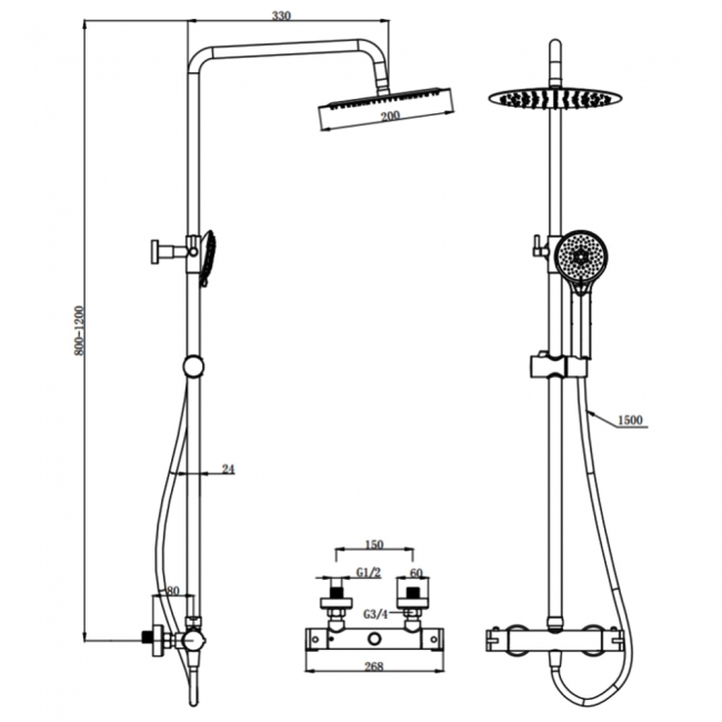 Prestige Ottone Thermostatic Bar Shower with Overhead Drencher and Sliding Handset - Brushed Brass