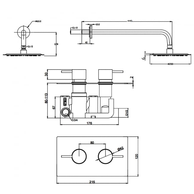 Prestige Ottone Thermostatic Concealed Shower Valve with Fixed Shower Head and Arm - Brushed Brass