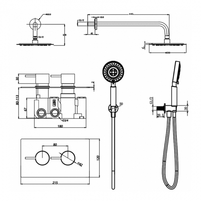 Prestige Ottone Thermostatic Concealed Shower Valve with Overhead Drencher and Sliding Handset - Brushed Brass