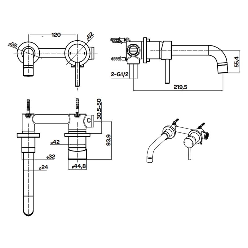 Prestige Ottone Basin Mixer Tap Wall Mounted - Brushed Brass