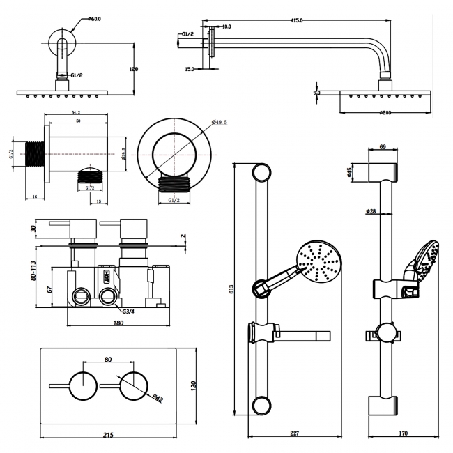 Prestige Plan Option 3 Thermostatic Concealed Shower Valve with Adjustable Slide Rail Kit and Fixed Head - Chrome