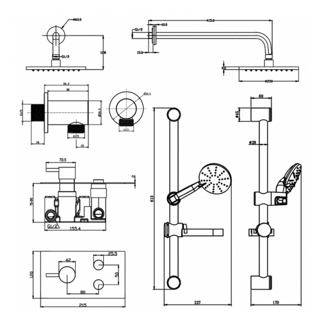 Prestige Plan Thermostatic Twin Round Push Button Concealed Mixer Shower with Shower Kit Round Head