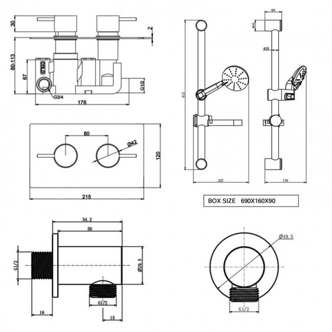 Prestige Plan Option 1 Thermostatic Concealed Shower Valve with Adjustable Slide Rail Kit - Chrome