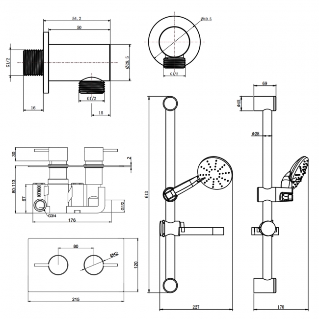 Prestige Plan Option 1 Thermostatic Concealed Shower Valve with Adjustable Slide Rail Kit - Chrome