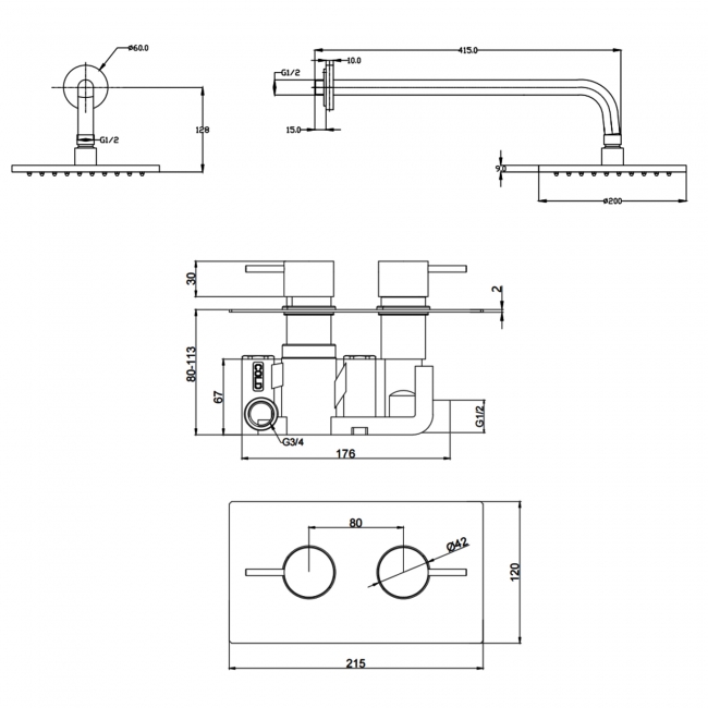 Prestige Plan Option 2 Thermostatic Concealed Shower Valve with Fixed Shower Head and Arm - Chrome