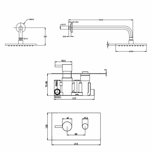 Prestige Plan Thermostatic Single Round Push Button Concealed Mixer Shower with Round Shower Head