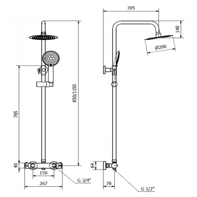 Prestige Plan Thermostatic Bar Shower with Ultra Slim Stainless Shower Drencher and Sliding Handset