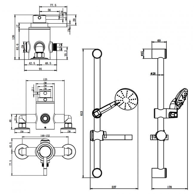 Prestige Plan Option 4 Thermostatic Exposed Shower Valve with Adjustable Slide Rail Kit - Chrome