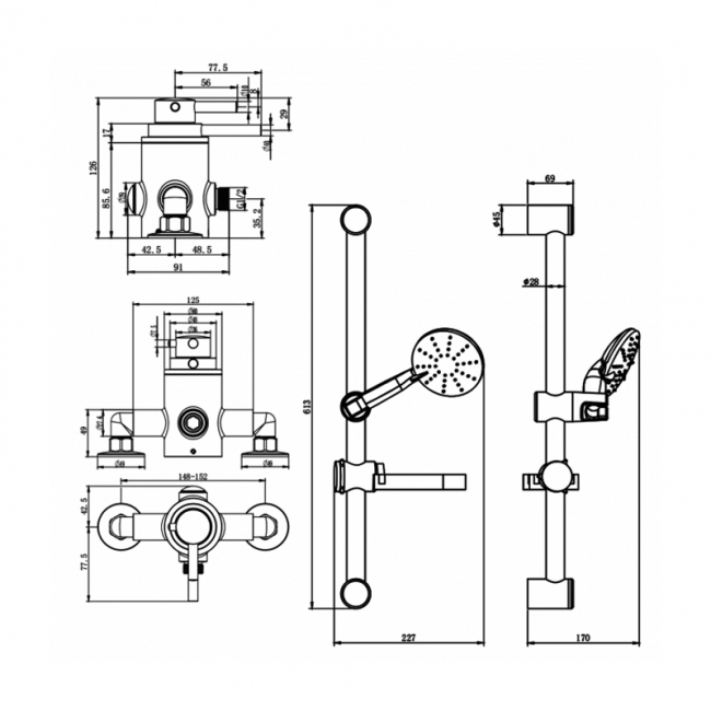 Prestige Plan Option 4 Thermostatic Exposed Shower Valve with Adjustable Slide Rail Kit - Chrome