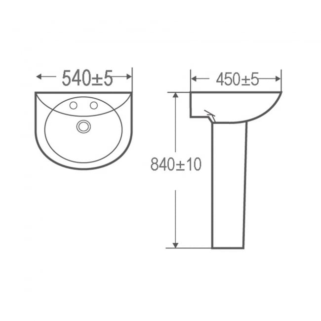 Prestige Proton Basin with Full Pedestal 540mm Wide - 2 Tap Hole