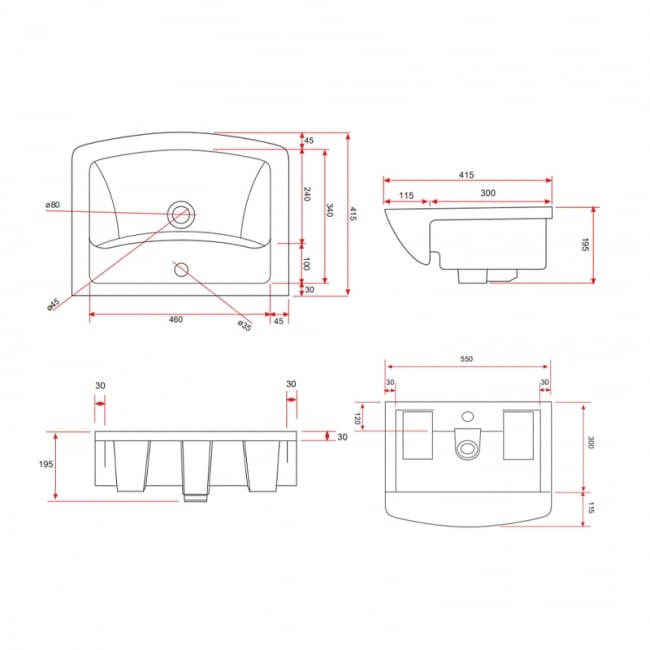 Prestige Pure Semi Recessed Basin 550mm Wide 1 Tap Hole