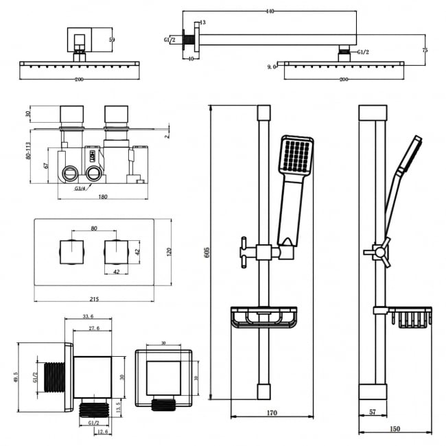 Prestige Pure Option 3 Thermostatic Concealed Shower Valve with Adjustable Slide Rail Kit and Fixed Head - Chrome