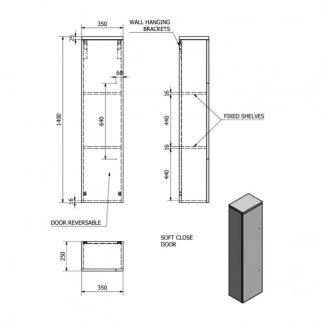 Prestige Purity Nero 1-Door Wall Hung Side Tall Unit 355mm Wide - Matt Black