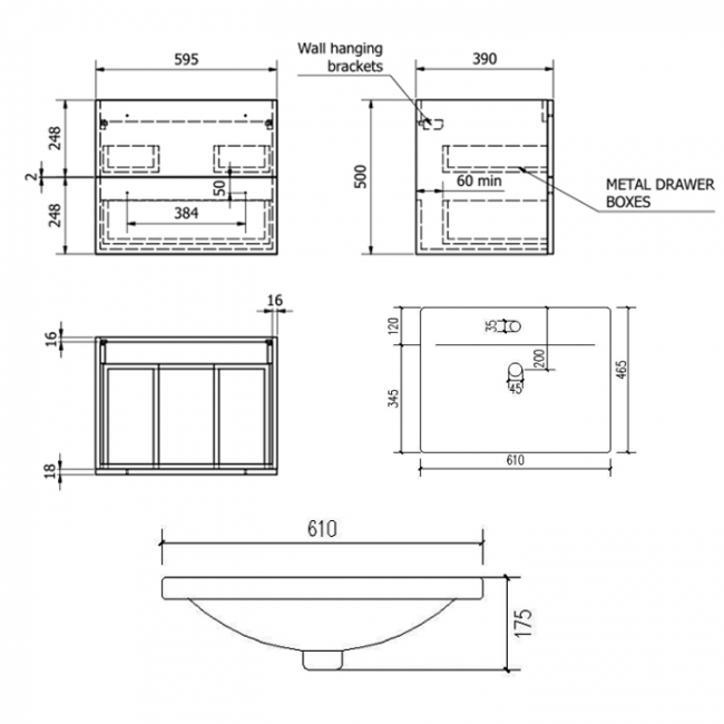 Prestige Purity 2-Drawer Wall Hung Vanity Unit with Mid Depth Ceramic Basin 600mm Wide - White