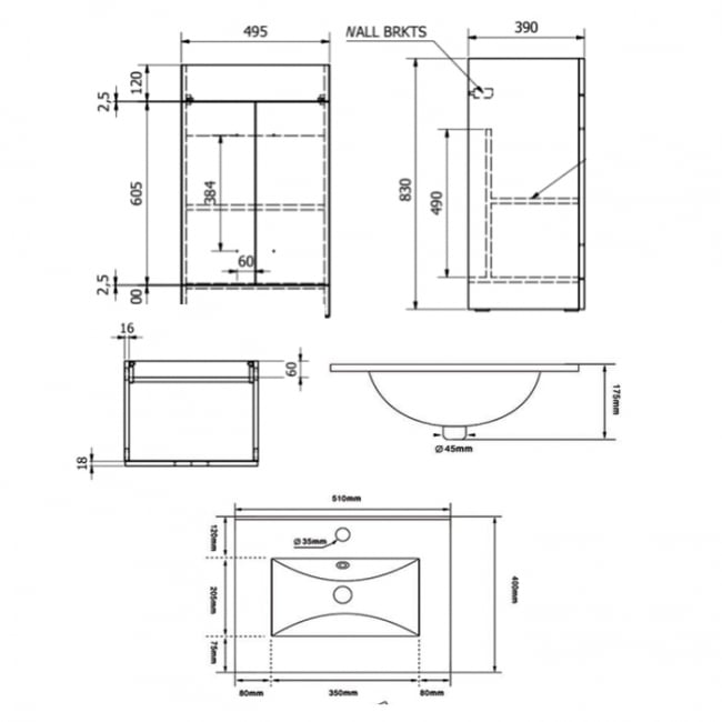 Prestige Purity 2-Door Floor Standing Vanity Unit with Ceramic Basin 500mm Wide - Matt Black