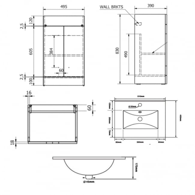 Prestige Purity 2-Door Floor Standing Vanity Unit with Ceramic Basin 500mm Wide - Silver Oak