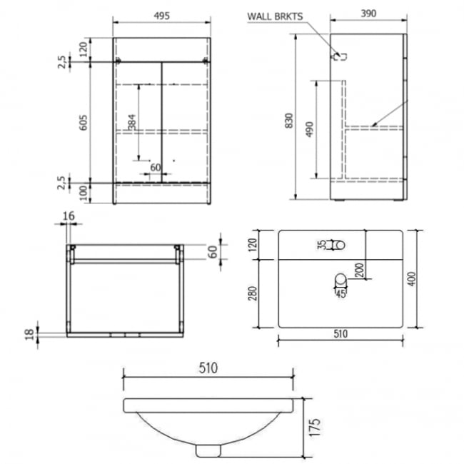 Prestige Purity 2-Door Floor Standing Vanity Unit with Mid Depth Ceramic Basin 500mm Wide - Silver Oak