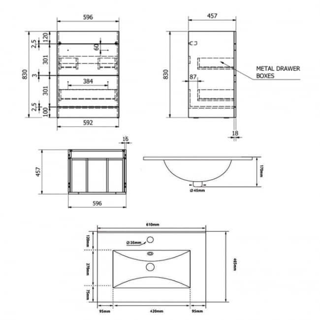 Prestige Purity 2-Drawer Floor Standing Vanity Unit with Ceramic Basin 600mm Wide - Silver Oak