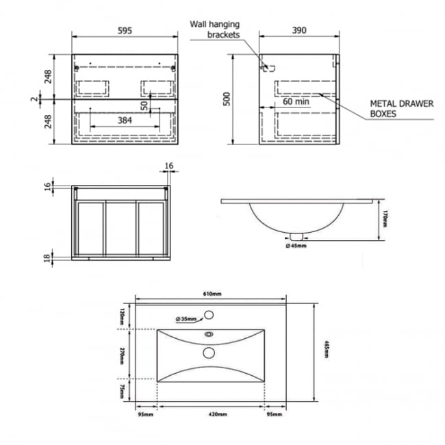 Prestige Purity 2-Drawer Wall Hung Vanity Unit with Ceramic Basin 600mm Wide - Silver Oak