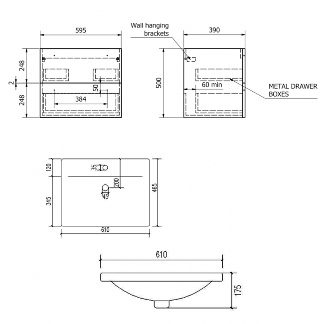 Prestige Purity 2-Drawer Wall Hung Vanity Unit with Mid Depth Ceramic Basin 600mm Wide - Silver Oak