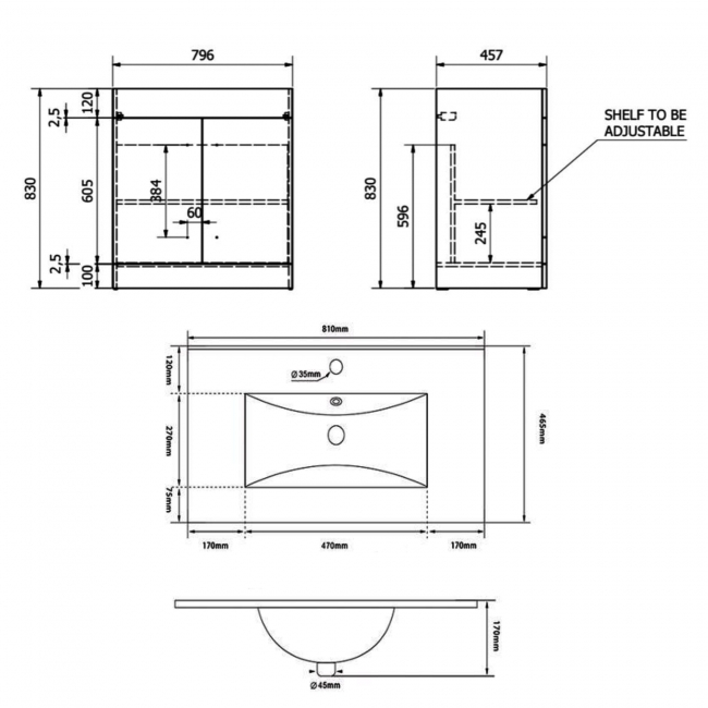 Prestige Purity 2-Door Floor Standing Vanity Unit with Ceramic Basin 800mm Wide - Silver Oak