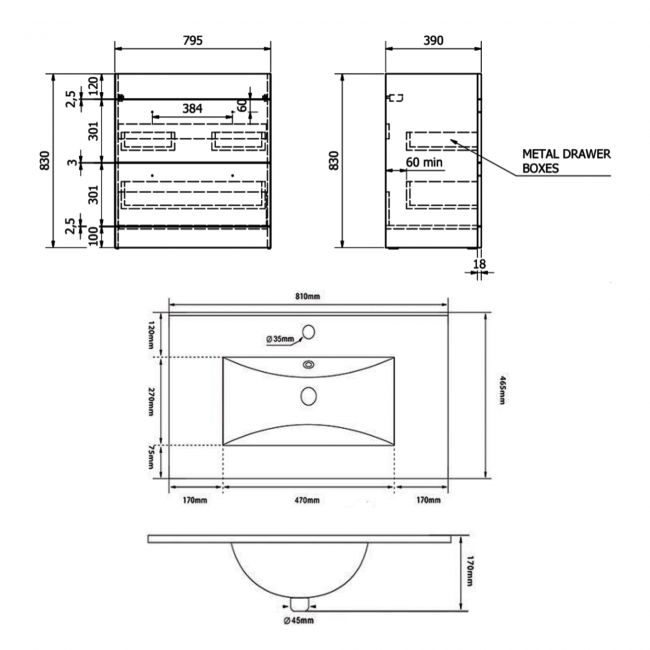 Prestige Purity 2-Drawer Floor Standing Vanity Unit with Ceramic Basin 800mm Wide - Silver Oak