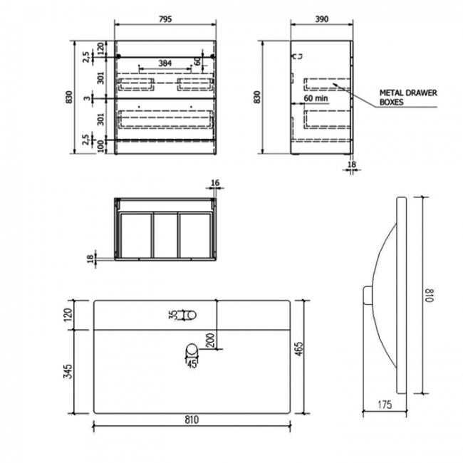 Prestige Purity 2-Drawer Floor Standing Vanity Unit with Mid Depth Ceramic Basin 800mm Wide - Silver Oak