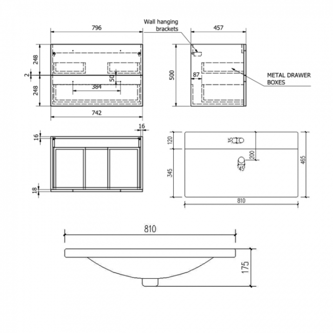 Prestige Purity 2-Drawer Wall Hung Vanity Unit with Mid Depth Ceramic Basin 800mm Wide - Silver Oak