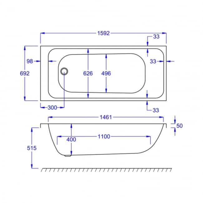 Prestige Refine Rectangular Acrylic Bath 1600mm x 700mm Single Ended (inc Leg Set)