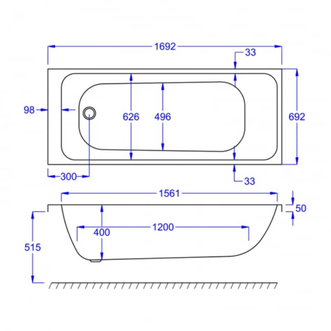 Prestige Refine Rectangular Acrylic Bath 1700mm x 700mm Single Ended (inc Leg Set)