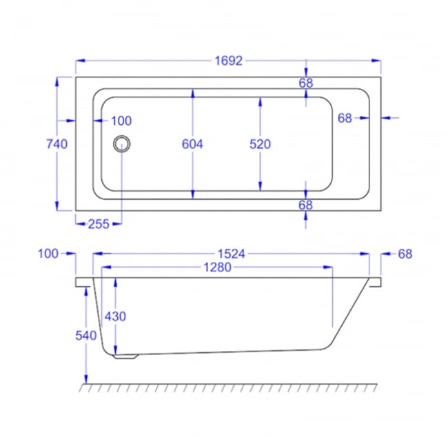 Prestige Spirit Rectangular Acrylic Bath 1700mm x 750mm Single Ended (inc Leg Set)