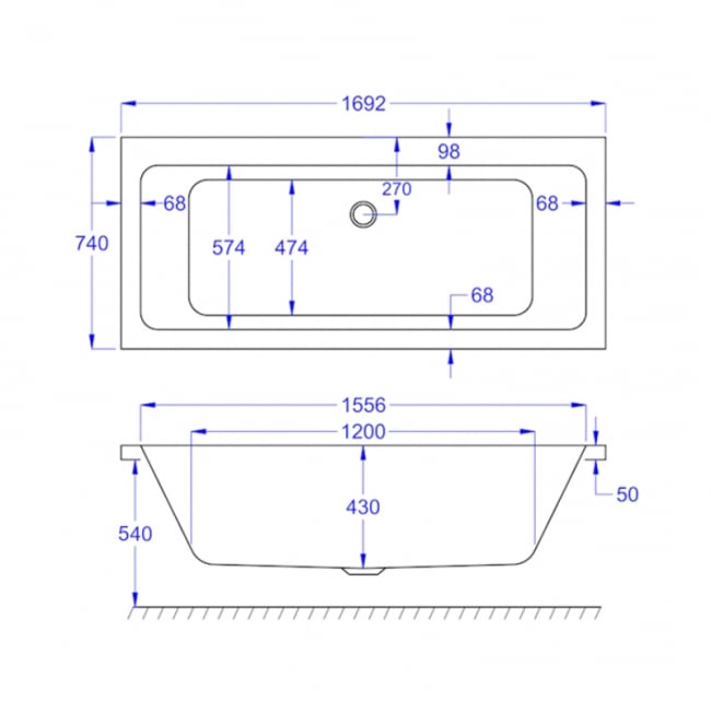 Prestige Spirit Duo Rectangular Acrylic Bath 1700mm x 750mm Double Ended (inc Leg Set)