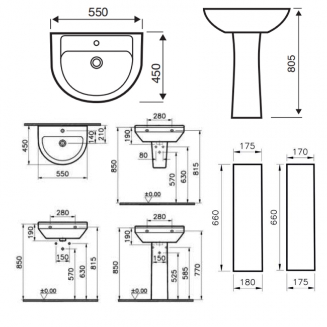 Prestige Style Basin with Full Pedestal 550mm Wide - 1 Tap Hole