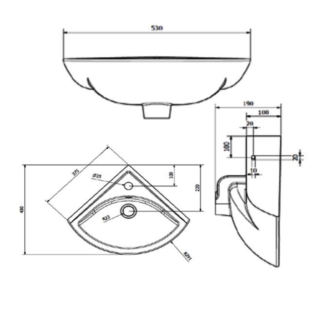 Prestige Uranus Corner Cloakroom Basin 410mm Projection 1 Tap Hole